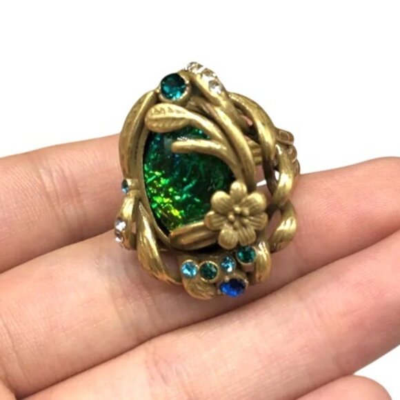 Vintage Style Dragons Breath Glass Blue Rhinestone Gold Tone Adjustable Ring - Picture 4 of 4